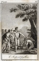 Apollo a had Python na hoře Parnas. Rytina z roku 1819 v „Lettres a Emilie sur la mythologie“ od Charlese Alberta Demoustiera (1760-1801). Soukromá sbírka.