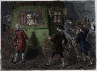 Zatčení Ludvíka XVI. (1754-1793) a jeho prchající rodiny ve Varennes dne 21. června 1791. Rytina z roku 1866 v „Histoire de la Revolution francaise““ od Adolphe Thierse. .