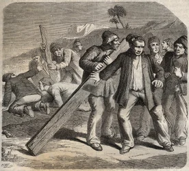 Pokus o útěk ve Fort of Belle-Ile-en-Mer (krásný ostrov na moři) v 19. století. Rytina do „Historie trestanců od jejich vzniku až po současnost“ (1877) od Pierra Zacconeho (1817-1895) (Colonia Penale - Trestná kolonie). Soukromá sbírka.