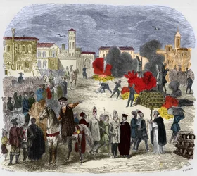 Autodafe (auto da fe) (auto da-fe) v 16. století. Ilustrace v „“ Záhady inkvizice a dalších tajných společností Španělska”” Victor de Fereal, Suberwick, Manuel Galo de Cuendias. Vydal P. Boizard