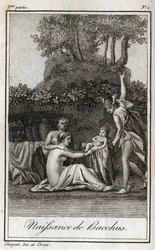 Narození Baccha, syna Jupitera a Semele. Rytina z roku 1819 v „Lettres a Emilie sur la mythologie“ od Charlese Alberta Demoustiera (1760-1801). Soukromá sbírka.