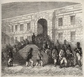 Brestská věznice v 19. století. Rytina do „Historie trestanců od jejich vzniku až po současnost“ (1877) od Pierra Zacconeho (1817-1895) (Colonia Penale - Trestná kolonie). Soukromá sbírka.