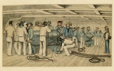 "" Britští námořní střelci na palubě "" (Britští námořní střelci na palubě) Anonymní litografie cca 1850 Rozměr 21,9 x 28,6 cm Soukromá sbírka