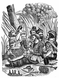 Posádka kapitána Bartholomewa Robertse odpočívá poblíž řeky Old Calabar, konec 17. století. Rytina „“ Pirátská vlastní kniha““ 1837.