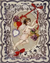 Přání k Valentýnu – Anonymní práce, litografie, decoupage, papírové krajky a stuhy, cca 1860-1870 – Přání k Valentýnu, Kombinovaná technika na palubě – Soukromá sbírka