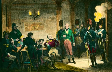 Případ Louise de Bourbon, vévody z Enghien (1772-1804): scéna soudu s princem podezřelým ze spiknutí proti prvnímu konzulovi Napoleonovi Bonapartovi, byl odsouzen a popraven bez důkazu. Rytina z roku 1804. Soukromá sbírka - The Judgem