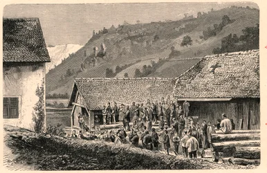 Oslava katolické bohoslužby v Saint Ursanne (Saint Ursanne) ve Švýcarsku v roce 1874, po fotografii. Rytina v „Katolické misie v XIX. století“ od Louis-Eugene (Louis Eugene) Louveta. soukromá sbírka.