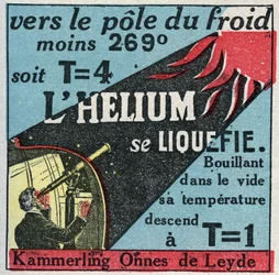 Změny skupenství: páry. Dutch Heike Kammerling Ones (1853-1926), z Leidenu, dokázal zkapalnit helium v roce 1908. Anonymní ilustrace z roku 1925. Soukromá sbírka.