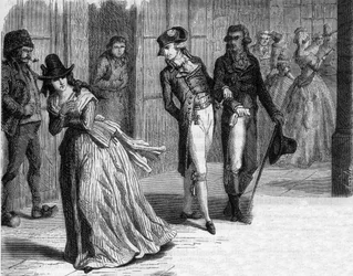 Charlotte Corday u nožíře Badina, pod arkádami Palais-Royal v roce 1793 - Rytina v „Histoire des Girondins““ od Alphonse de Lamartine (1790-1869) 1865-1866 - soukromá sbírka