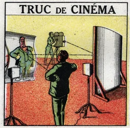 Kameraman: filmové věci. Deformující se zrcadla vytvářejí iluzi filmování příšer. Anonymní ilustrace z roku 1925. Soukromá sbírka.