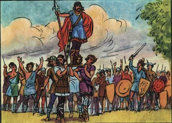 Clovis (král franků v letech 481 až 511) byl zvolen králem Saliany, kteří ho při prohlídce tábora nosili na hradbě (štítu). Anonymní ilustrace v “” Collection des souverains et chefs d