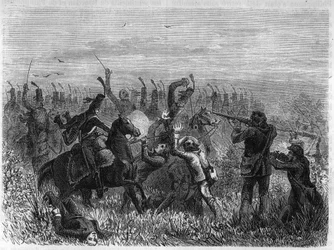 Úplné zničení Vendeenů: Bitva u Savenay v prosinci 1793. Rytina z roku 1866 v „Histoire de la Revolution francaise““ od Adolphe Thierse. Soukromá sbírka.