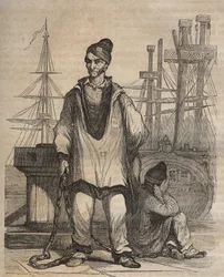 Odsouzení na věčné časy v Rochefort Bagne v 19. století. Rytina do „Historie věznic od jejich vzniku až po současnost“ (1877) od Pierra Zacconeho (1817-1895) (Colonia Penale - Trestná kolonie)