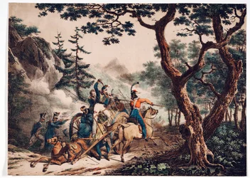 Kozáci útočící na francouzské vojáky v lese - Anonymní - 1825 - Barevná litografie - 52x72 - Soukromá sbírka