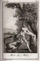 Smrt Milona de Crotone (Milo of Croton), kterou pohltil vlk. Rytina z roku 1819 v „Lettres a Emilie sur la mythologie“ od Charlese Alberta Demoustiera (1760-1801). Soukromá sbírka.