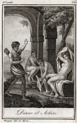 Diane a Acteon (Diana a Actaeon) Diane překvapila ve vaně lovec Acteon. Rytina z roku 1819 v „Lettres a Emilie sur la mythologie“ od Charlese Alberta Demoustiera (1760-1801). Soukromá sbírka.