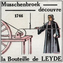 Elektrické kondenzátory: Pieter (Petrus, Pierre) van Musschenbroek (1692-1761) objevil láhev Leidenu, předchůdce kondenzátoru, v roce 1746. Anonymní ilustrace z roku 1925. Soukromá sbírka.