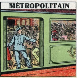 Elektrické tramvaje: cestující se hromadí v metropoli v Paříži. Anonymní ilustrace z roku 1925. Soukromá sbírka.