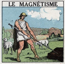 Elektrické jevy: magnetismus byl objeven ve starověku. Řecký pastýř Magnes nemohl odtrhnout svou železnou hůl od země. Zjistil, že tento jev pochází z přitažlivosti kamene nazývaného magnetický oxid. Anonymní ilustrace