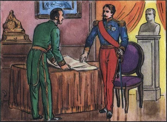 Císař Napoleon III (1808-1873) s baronem Georgesem Haussmannem (1809-1891) Anonymní ilustrace ve Sbírce panovníků a hlav států Francie“. 20. století. Soukromá sbírka.