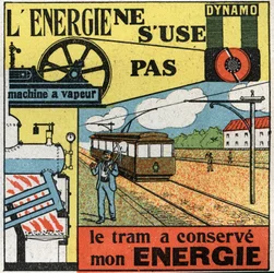 Energie se neopotřebovává: výroba elektřiny pomocí dynama napájejícího parní stroj tramvaje. Anonymní ilustrace z roku 1925. Soukromá sbírka.