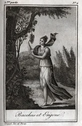 Erigo a Bacchus, rytina z roku 1819 v „Lettres a Emilie sur la mythologie“ od Charlese Alberta Demoustiera (1760-1801). Soukromá sbírka.