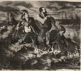 Útěk z vězení Belle-Ile-en-Mer (krásný ostrov na moři) v 19. století. Rytina do „Historie věznic od jejich vzniku až po současnost“ (1877) od Pierra Zacconeho (1817-1895) (Colonia Penale - Trestná kolonie)