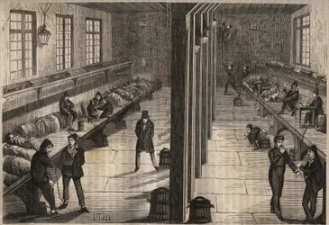 Útěk tří trestanců v místnosti Saint Gilles z bagne de Rochefort dne 28. prosince 1840. Rytina v „Historie bagnes od jejich vzniku až po současnost““ (1877) od Pierra Zacconeho (1817-1895) (Colonia Penale - Trestanecká kolonie). Soukromá sbírka.