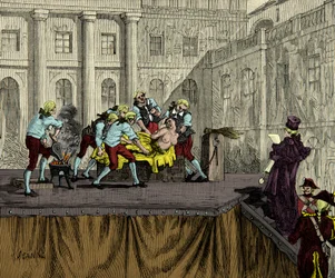 Kat Samson cejchuje Jeanne de Valois Saint Remy (Valois-Saint-Remy), známou jako Comtesse de la Motte (1756-1791), po jejím odsouzení v kauze královnina náhrdelníku v roce 1786, rytina, soukromá sbírka