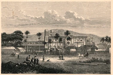 Vnější pohled na katedrálu Port of Spain (Port of Spain) v Trinidadu (Trinidad a Tobago, Trinidad a Tobago). Rytina do „Les Missions Catholiques au XIXeme Siecle““ od Louis-Eugene (Louis Eugene) Louvet. soukromá sbírka.