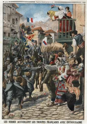První světová válka 1914-1918 (14-18): Srbové přivítali francouzské jednotky s nadšením. Rytina v „“Le Petité Journal“ dne 24.10.1915. Soukromá sbírka.
