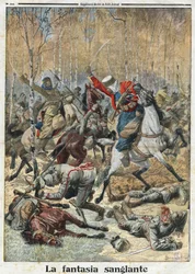 První světová válka 1914-1918 (14-18): „Krvavá fantazie“. V lesích bojovalo vojsko třiceti hulánů (německých jezdců s kopím) s osmi vítěznými alžírskými spahisy. Rytina v „“Le Petite Journal““, dne 28.11.1915. Soukromá sbírka.