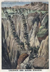 První světová válka 1914-1918 (válka 14-18). Italští vojáci vyšplhají na vrchol Cauriol ve Fiemmských Alpách v Itálii. V „“ Le Petite Journal“, 8. října