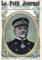 První světová válka 1914-1918 (válka 14-18). Portrét admirála Dartige du Fournet, vrchního velitele spojeneckých flotil Orientu. V „“Le Petite Journal“ dne 19.11.1916. Soukromá sbírka