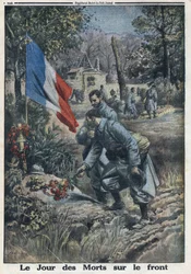 První světová válka 1914-1918 (válka 14-18). Den mrtvých na frontě: Vojáci na Den všech svatých rozkvetou hrob padlých vojáků. V „“Le Petite Journal“ dne 11.5.1916. Soukromá sbírka