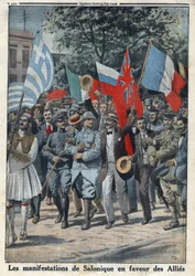 První světová válka 1914-1918 (válka 14-18). Protesty v Soluni (nebo Thessaloniki v Řecku) ve prospěch spojenců. V „“Le Petite Journal“ dne 24.09.1916. Soukromá sbírka