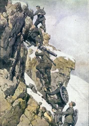 První světová válka: „“ Italští alpští lovci (alpino nebo alpini) nesoucí materiál na vrchol italských Alp