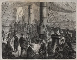 První konvoj sil z Toulonu do Cayenne (Guyana) podle dekretu z 8. prosince 1851. Rytina do „Historie odsouzených od jejich vzniku až po současnost““ (1877) od Pierra Zacconeho (1817-1895) (Colonia Penale - Penal kolonie). Soukromá sbírka.