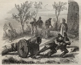 Forcats bucherons v Toulon Bagne v 19. století. Rytina do „Historie trestanců od jejich vzniku až po současnost“ (1877) od Pierra Zacconeho (1817-1895) (Colonia Penale - Trestná kolonie). Soukromá sbírka.