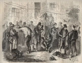 Forcats prodávající své věci před vstupem do Toulon Bagne v 19. století. Rytina do „Historie trestanců od jejich vzniku po současnost“ (1877) od Pierra Zacconeho (1817-1895) (Colonia Penale - Trestná kolonie). Soukromá sbírka.