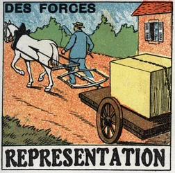Síly: kůň táhnoucí auto. Anonymní ilustrace z roku 1925. Soukromá sbírka.