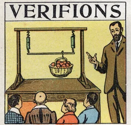 Síly: rovnoběžné síly. Výtah koše na jablka s tyčí drženou dvěma pružinami. Anonymní ilustrace z roku 1925. Soukromá sbírka.