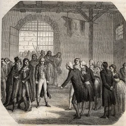 Francouzská revoluce - Hebertisté - Les Hebertistes à la Concierge v Paříži dne 23. března 1794 - - Rytina v „Histoire des Girondins“ od Alphonse de Lamartine (1790-1869) 1865-1866 - Soukromá sbírka
