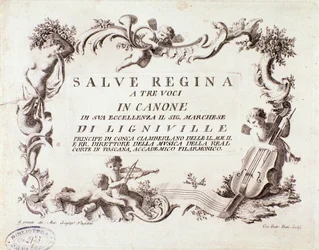 Frontispis hudební partitury hymny Salve regina pro tři hlasy od markýze z Ligneville (1768)