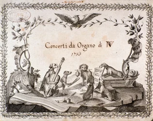 Frontispis hudební partitury s vyobrazením zvířat hrajících na hudební nástroje (1783)