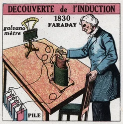 Indukce: objevil indukci Michael Faraday (1791-1867) v letech 1830-1831 pomocí baterie a galvanometru. Anonymní ilustrace z roku 1925. Soukromá sbírka.
