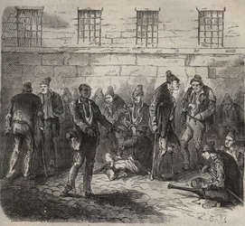Slabé síly u Toulon Bagne v 19. století. Rytina do „Historie trestanců od jejich vzniku po současnost“ (1877) od Pierra Zacconeho (1817-1895) (Colonia Penale - Trestná kolonie). Soukromá sbírka.