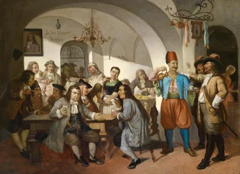 ""Interiér kavárny ve Vídni, Rakousko"" (Scéna staré vídeňské kavárny) Anonymní obraz cca 1900 Rozměr 63x100 cm Soukromá sbírka