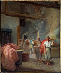 Interiér barvířské dílny v Les Gobelins Anonymous painting. 1760. Rozměr 0,37 x 0,30 m Paříž, Musee Carnavalet