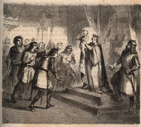Johanka z Flander (1295-1374), manželka Jeana de Montfort, vévody bretaňského (1293-1345) představuje svého syna Jana IV. z Bretaně, hraběte z Montfortu (známého jako udatný nebo dobyvatel